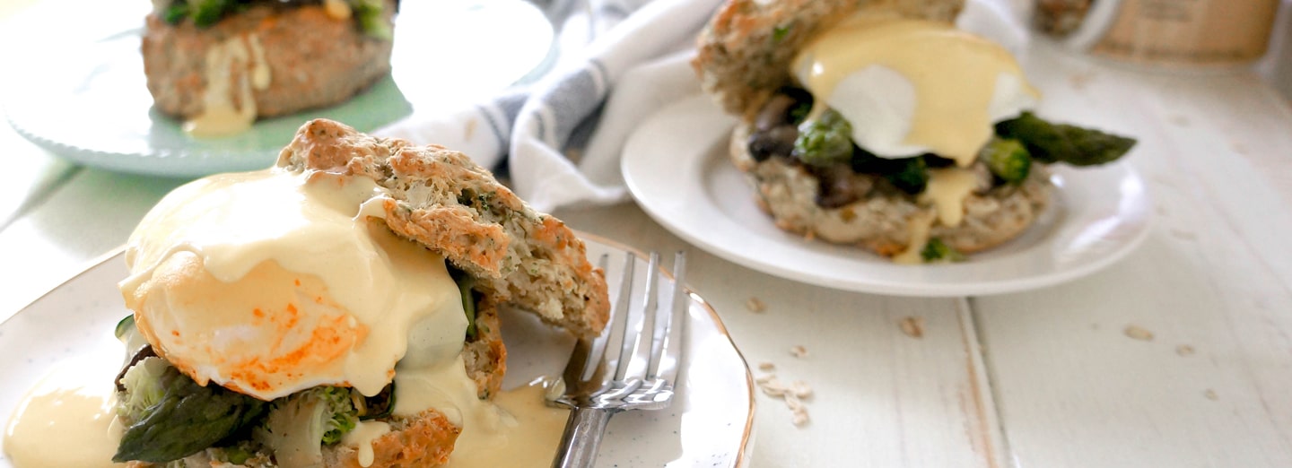 Broccoli & Cheddar Oat Biscuit Eggs Benedict